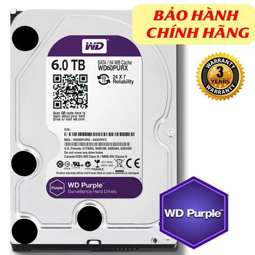 Western Purple 6TB dòng ổ cứng chuyên dụng cho camera, 64MB (6Gb/s) /IntelliPower (RPM)/ SATA3), Màu tím (chính hãng)